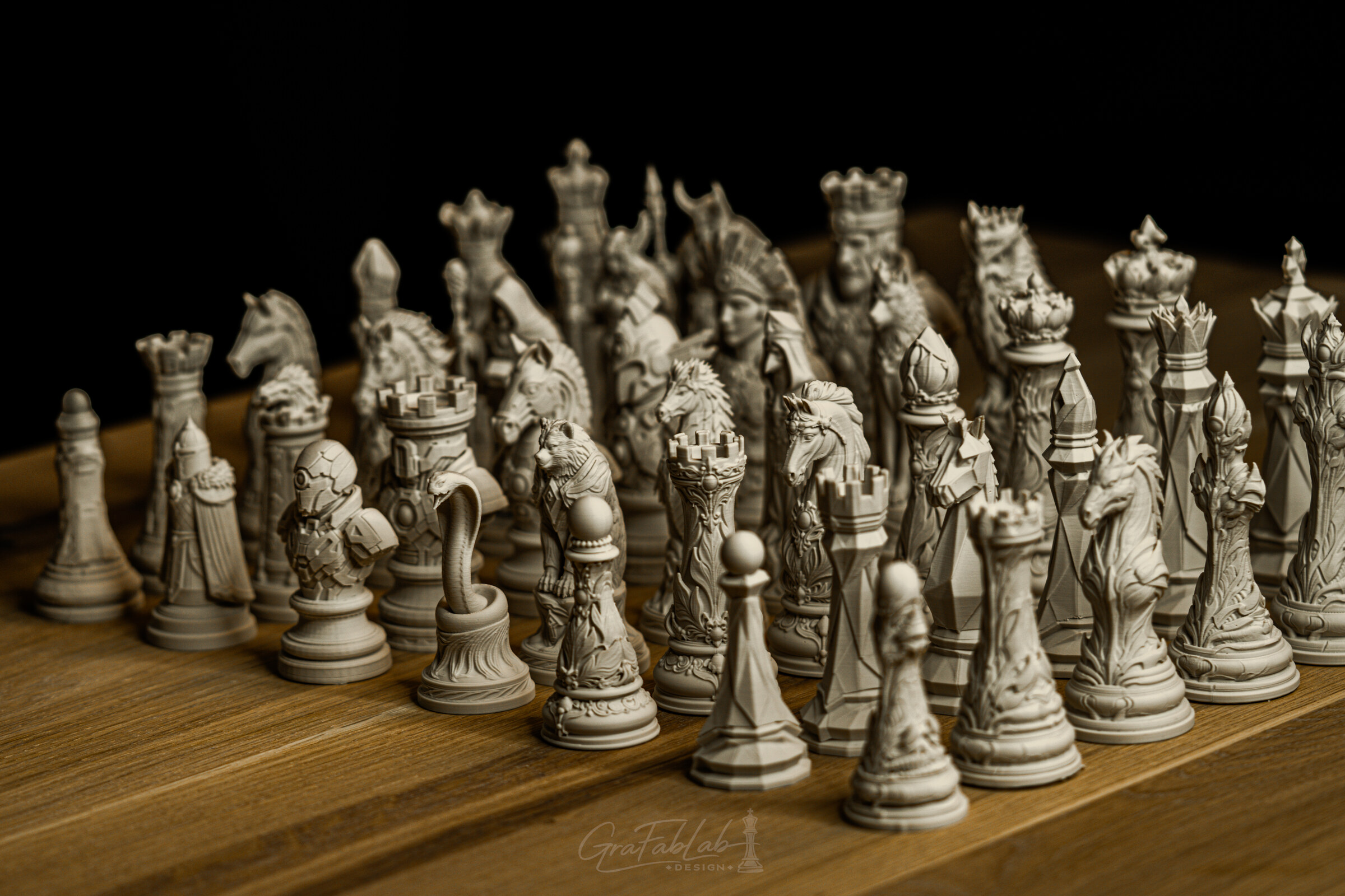 A selection of physical GraFabLab chess prints showing how experiments evolve into complete collections
